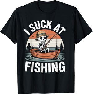 I Suck At Fishing Fisherman Joke Skeleton Bass Fishing T-Shirt - T-Shirt | Black