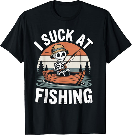 I Suck At Fishing Fisherman Joke Skeleton Bass Fishing T-Shirt - T-Shirt | Black