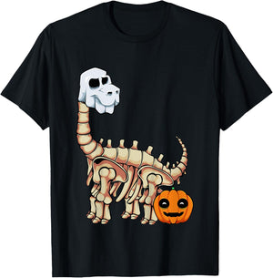 Kids Dinosaur Skeleton Ghost Lazy Halloween Costume Brontosaurus T-Shirt - T-Shirt | Black