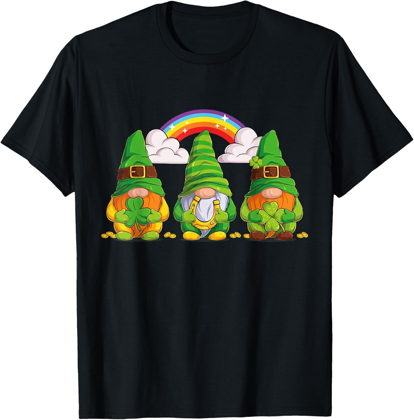 Lucky Gnomes Holding Shamrock Clover And Horseshoe Rainbow T-Shirt - T-Shirt | Black