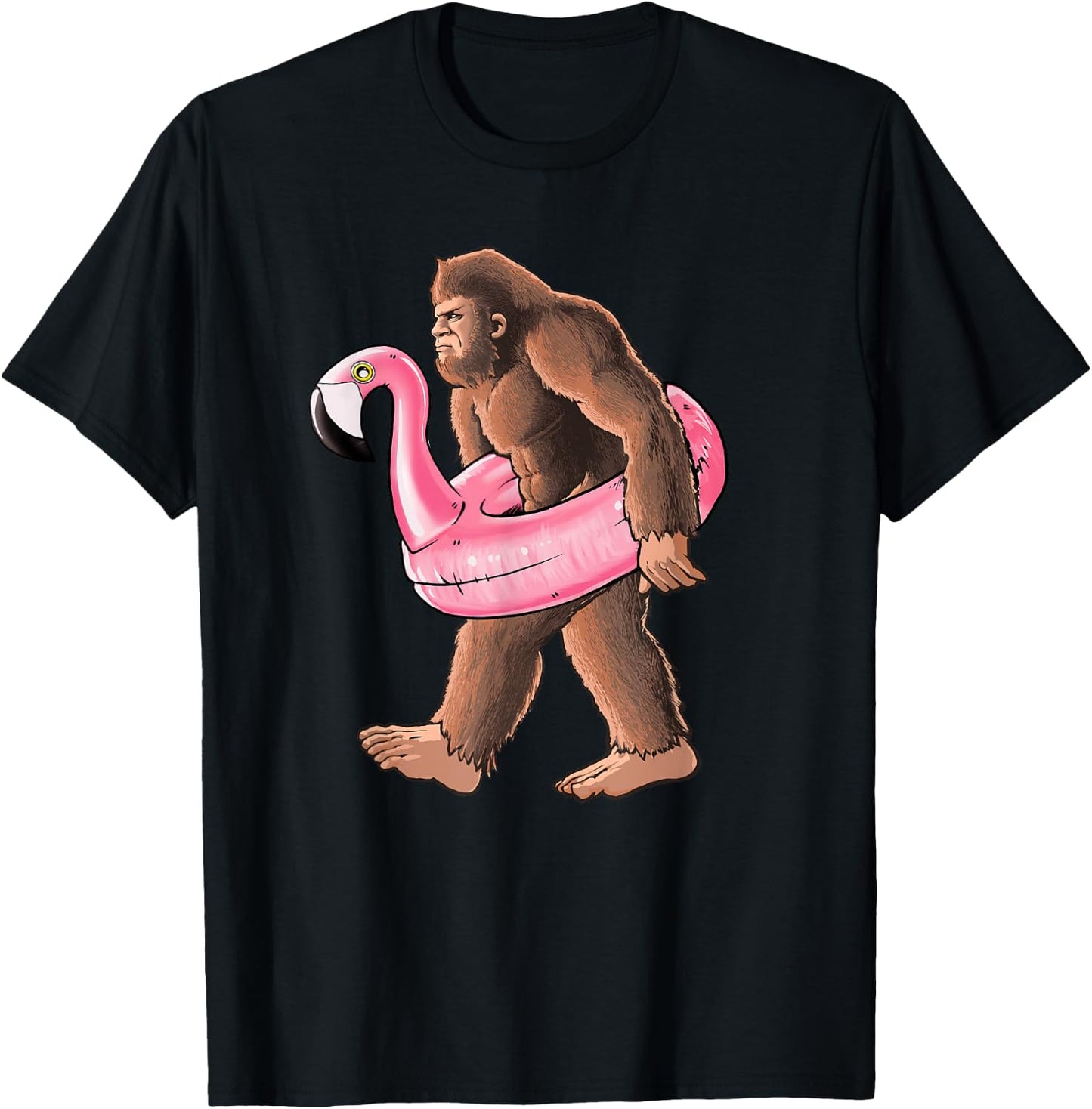 Bigfoot Carrying a Pink Flamingo Pool Floaty Summertime T-Shirt - T-Shirt | Black