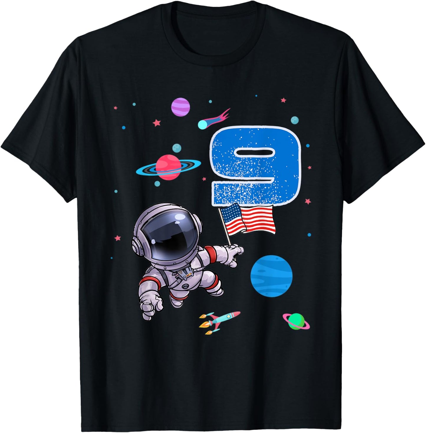 Space Astronaut 9 Years Old Birthday Boy 9th Birthday T-Shirt - T-Shirt | Black