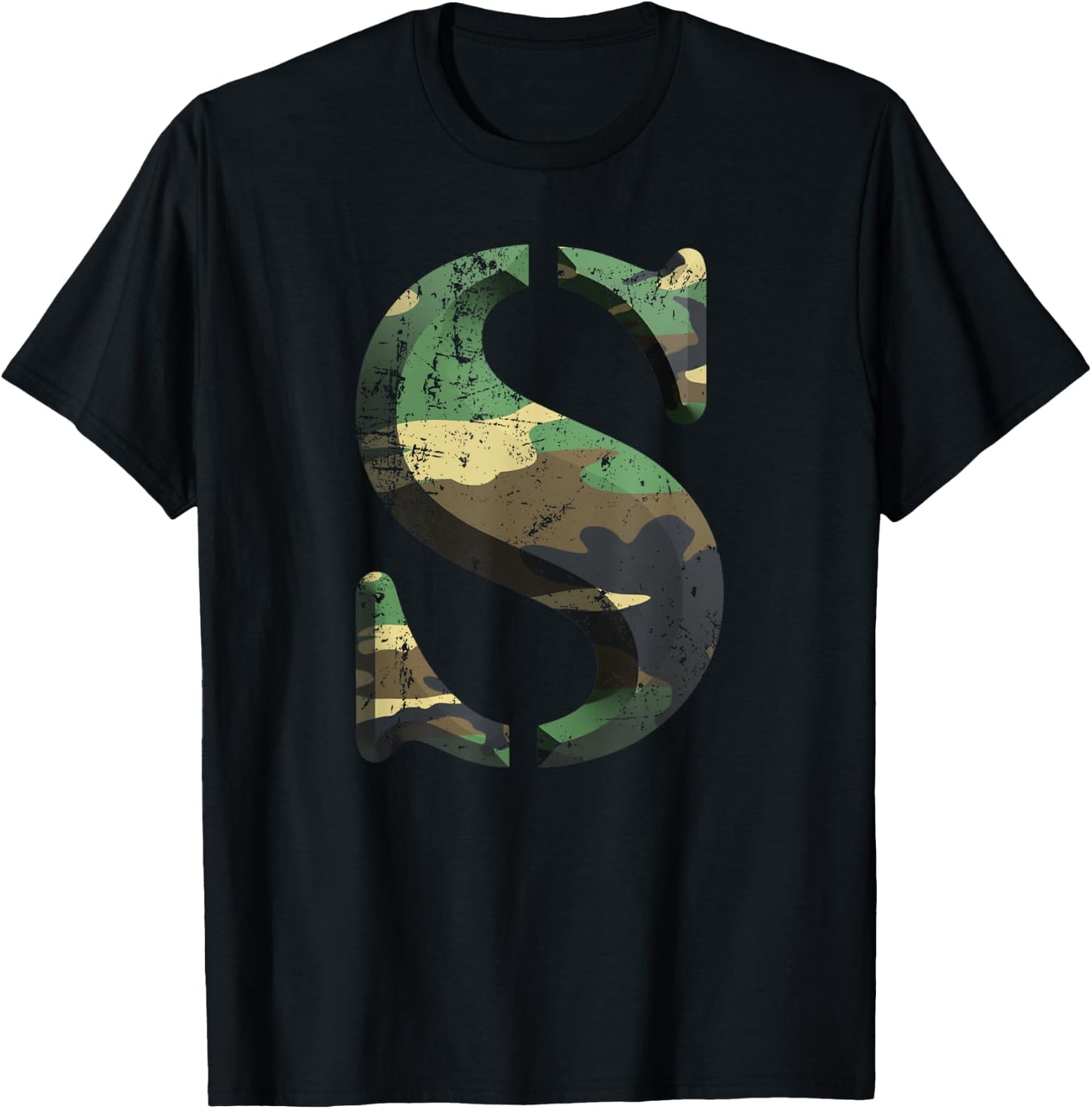 Capital Letter S Stencil Font Army Camo Woodland Camouflage T-Shirt - T-Shirt | Black