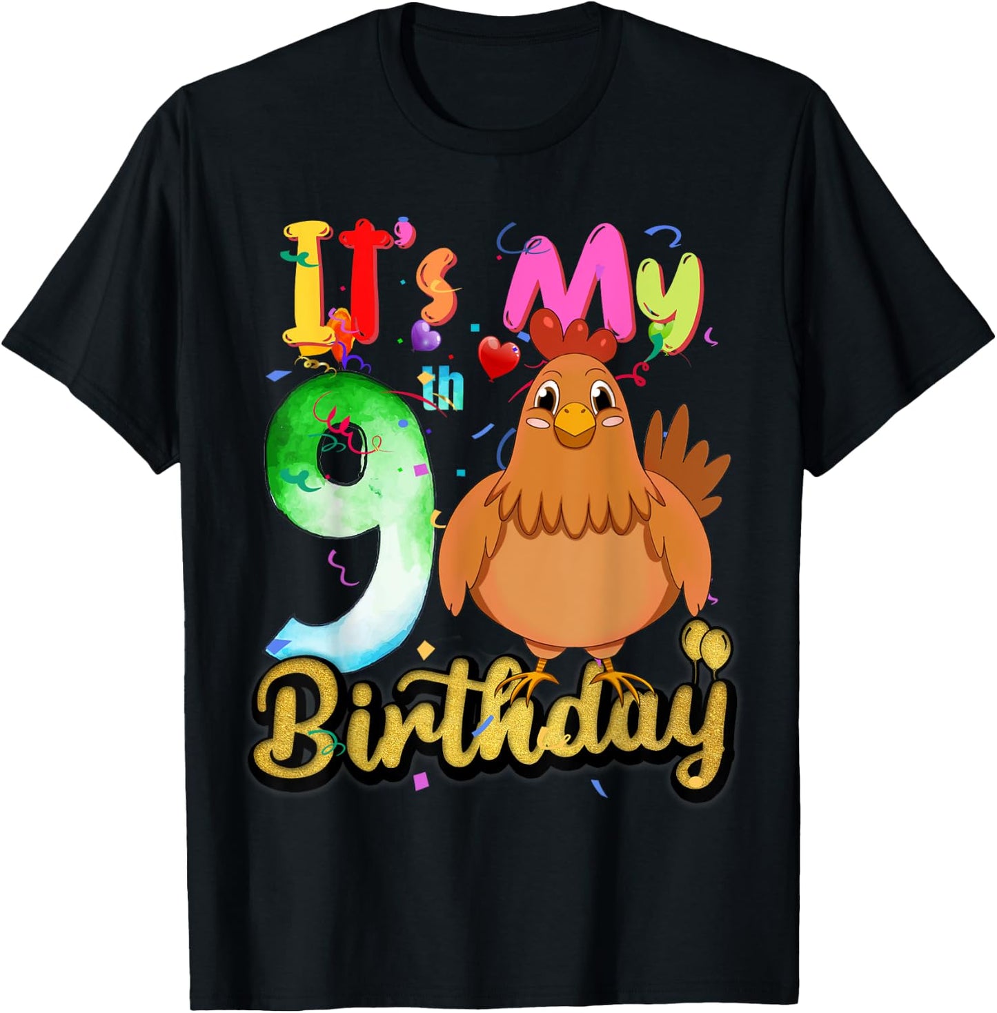 Kids Chicken 9th Birthday 9 Years Old Girls Chicken Birthday T-Shirt - T-Shirt | Black