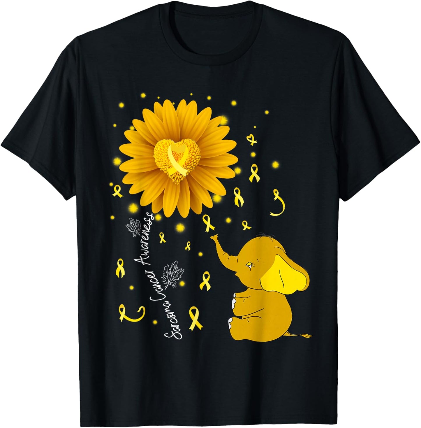 Yellow Ribbon Daisy Flower Elephant Sarcoma Cancer Awareness T-Shirt - T-Shirt | Black