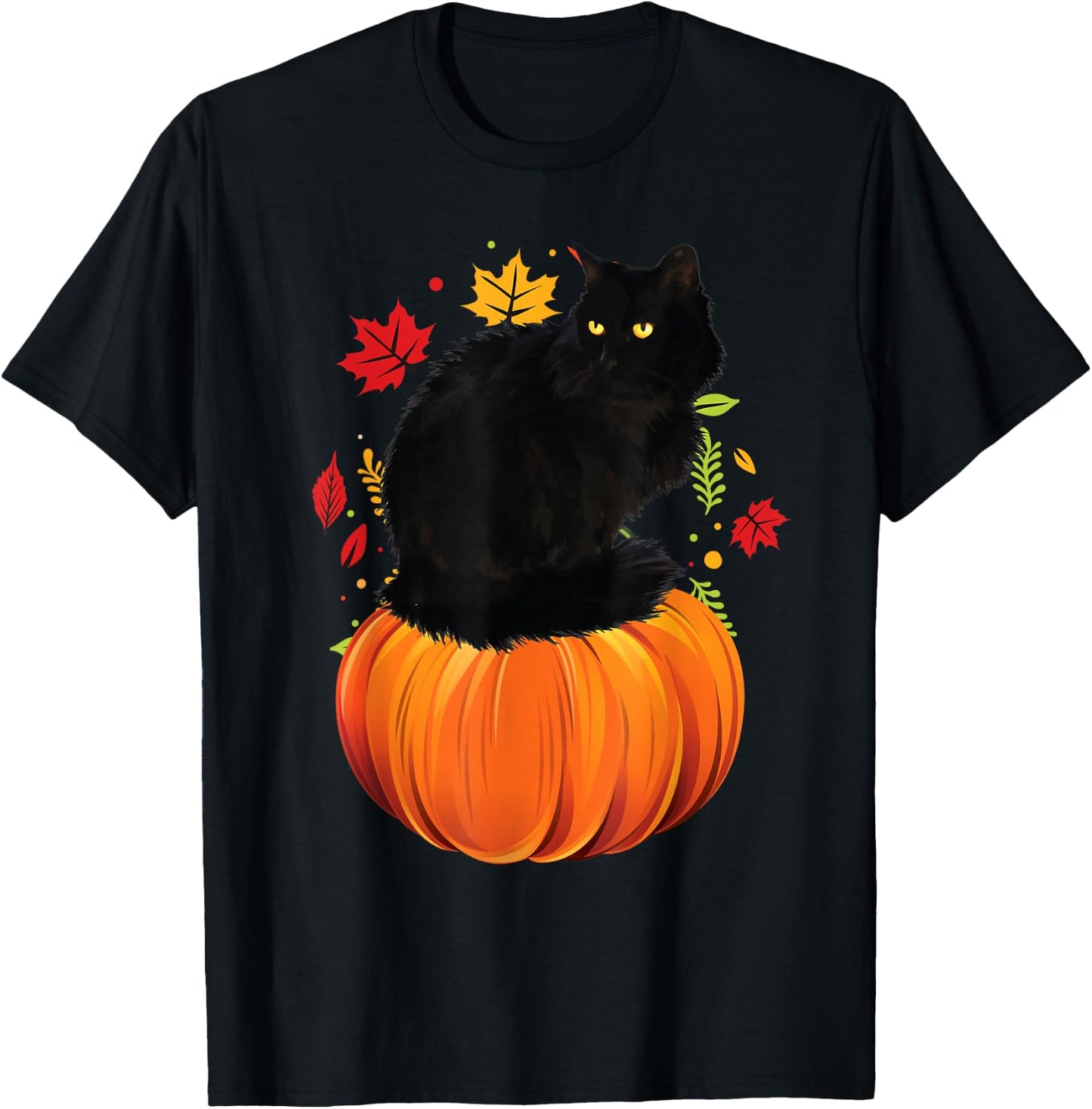 Thanksgiving Black Cat Autumn Leaves Fall Pumpkin Cat T-Shirt - T-Shirt | Black
