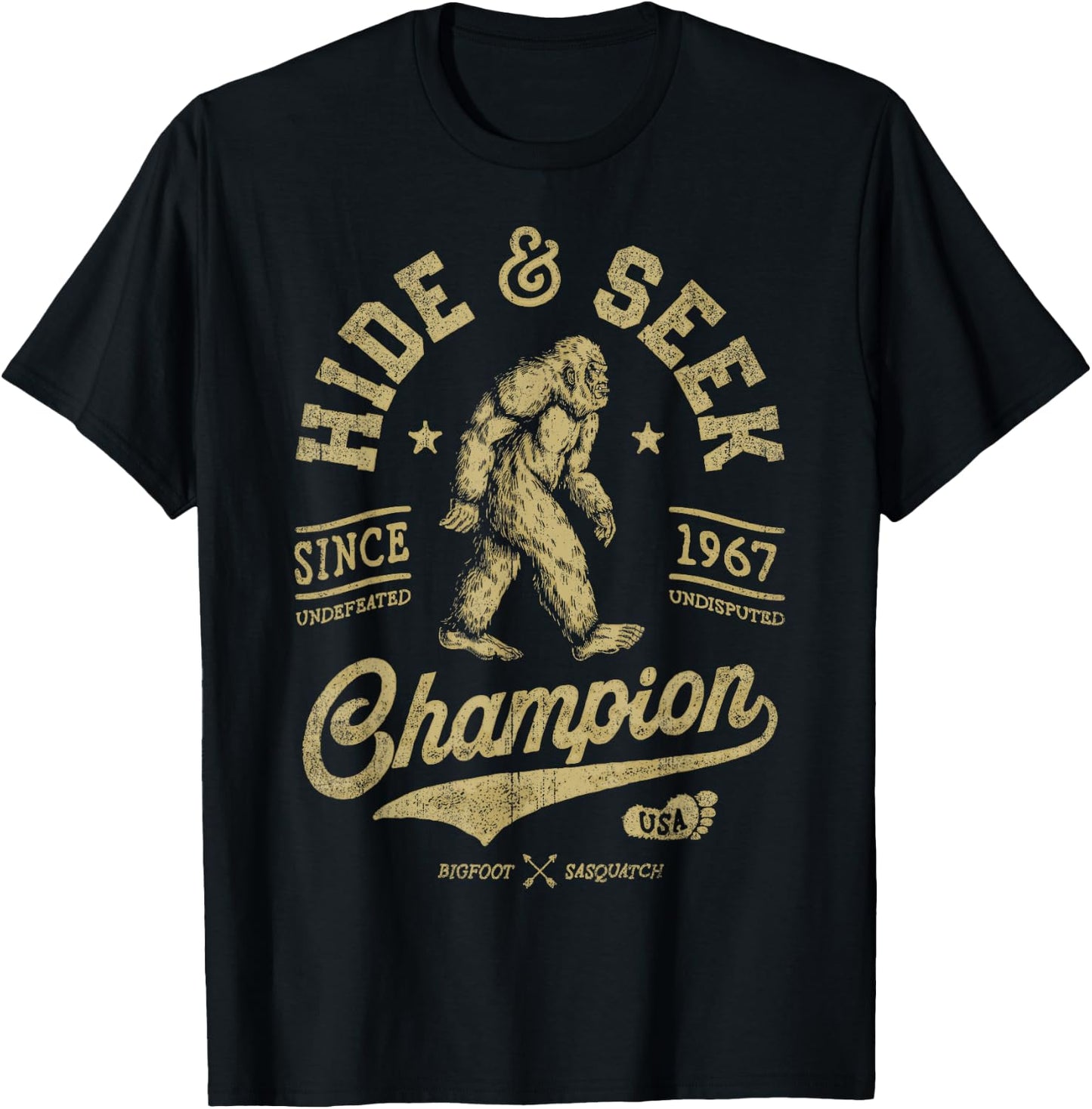 Squatchy Bigfoot Co Bigfoot Hide And Seek Champion Funny Sasquax Retro Vintage T-Shirt - T-Shirt | Black