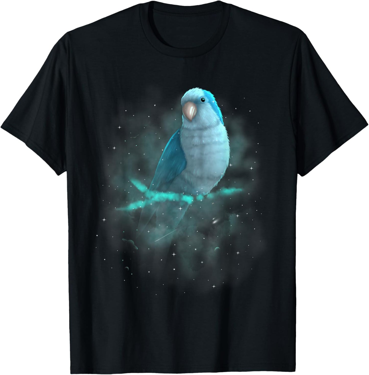 Blue Monk Parakeet Cosmic Galaxy Outer Space Quaker Parrot T-Shirt - T-Shirt | Black