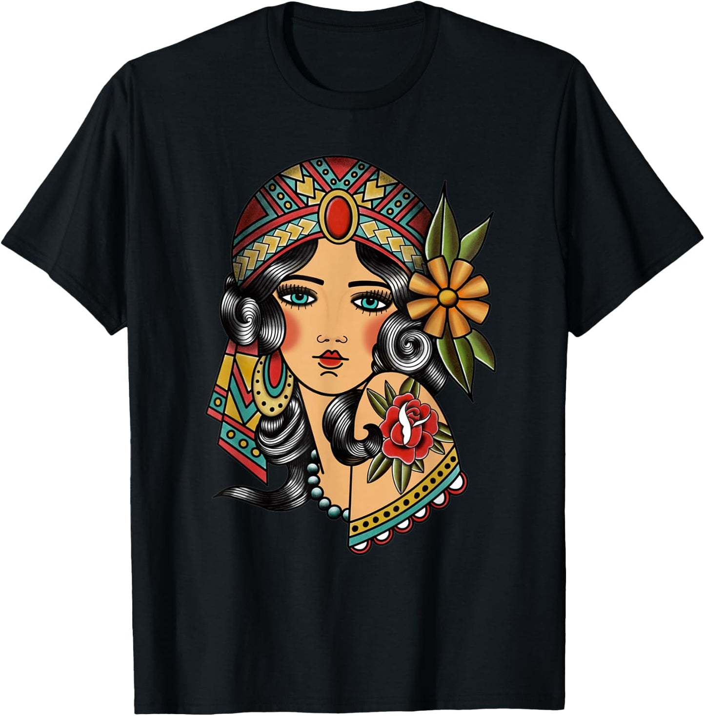 Gypsy Lady Head Fortune Teller American Traditional Tattoo Small T-Shirt - T-Shirt | Black