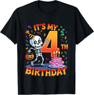 Kids Boo It's My 4th Birthday Halloween Skeleton 4 Years Old T-Shirt - T-Shirt | Black