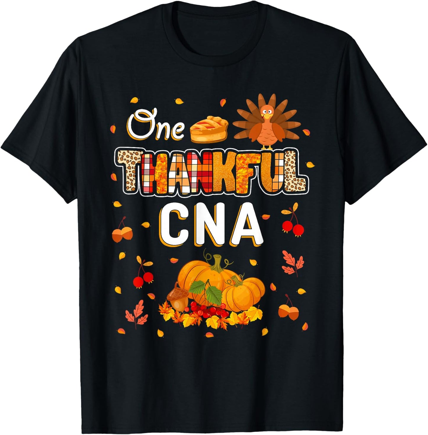 One Thankful CNA Fall Leaves Autumn CNA Thanksgiving T-Shirt - T-Shirt | Black