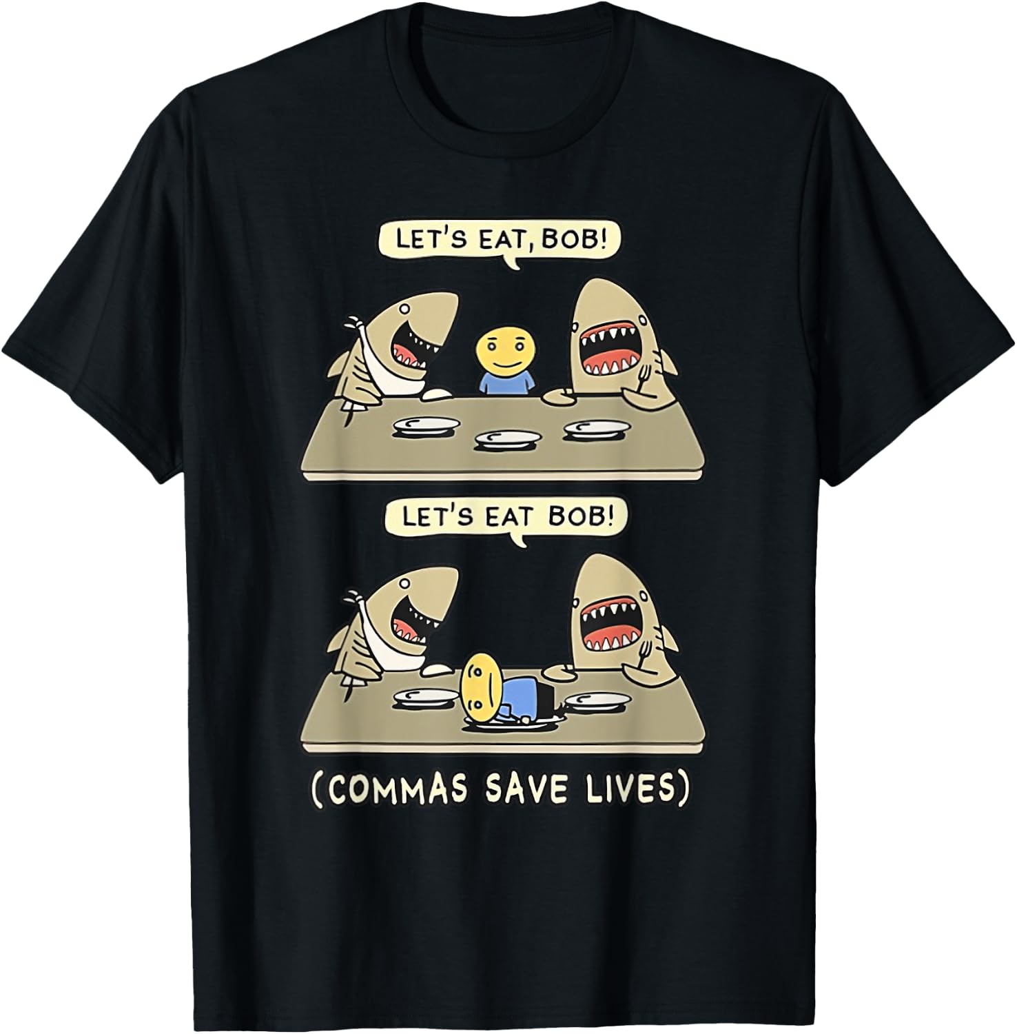 Commas Punctuation Shark Lets Eat Funny English Grammar T-Shirt - T-Shirt | Black