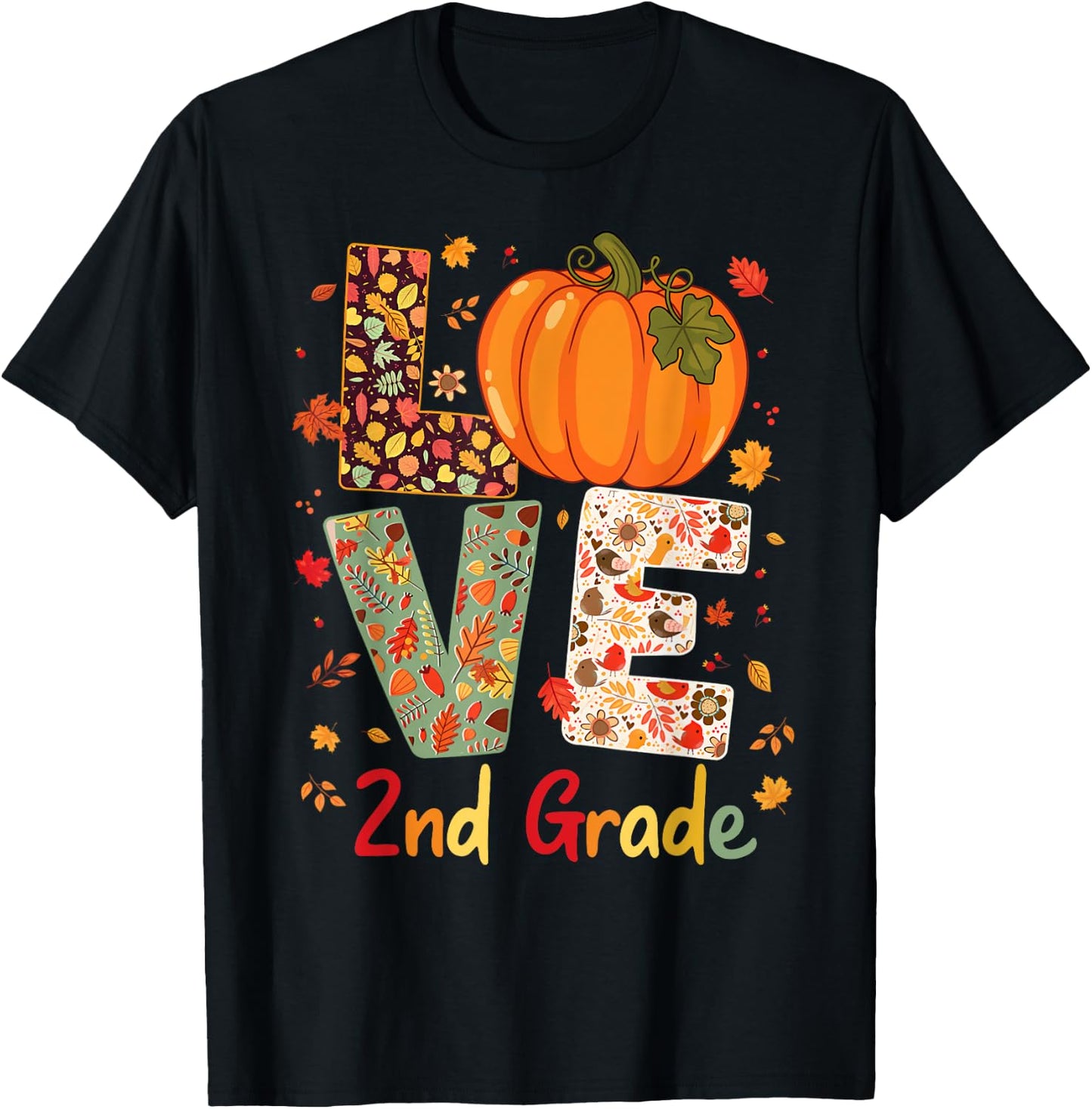 Love 2nd Grade Happy Fall Thanksgiving For 2nd Teacher Women Girls Kids T-Shirt - T-Shirt | Black