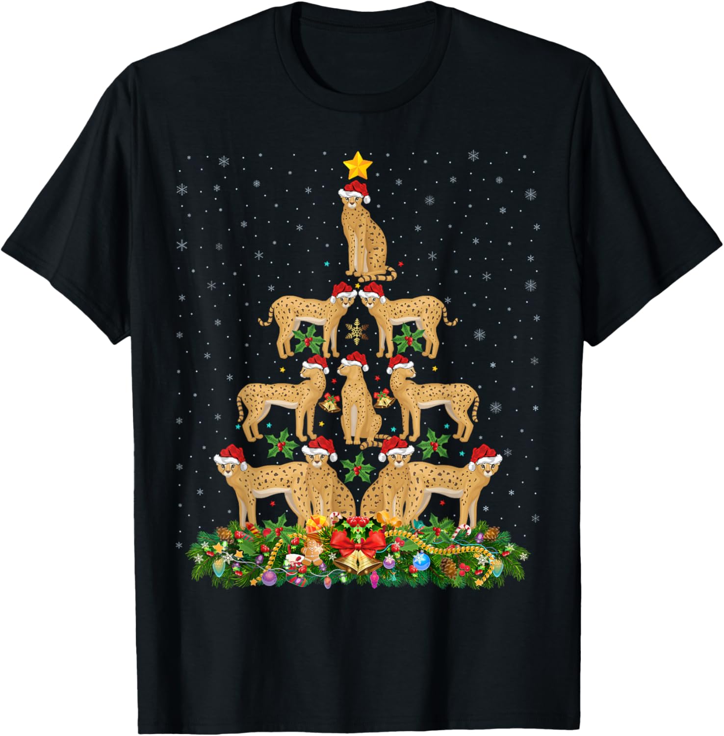 Serval Cat Xmas Tree Gift Santa Hat Serval Christmas Men Women Kids T-Shirt - T-Shirt | Black