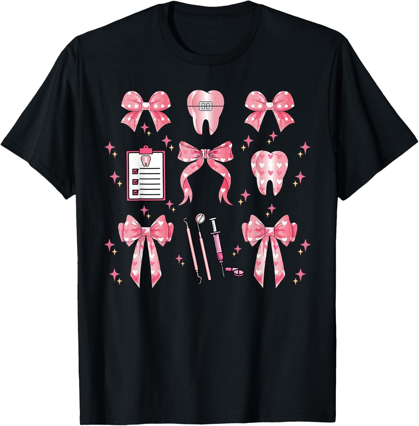 Coquette Bow Teeth Dentist Squad Dental Assistant Hygienist T-Shirt - T-Shirt | Black