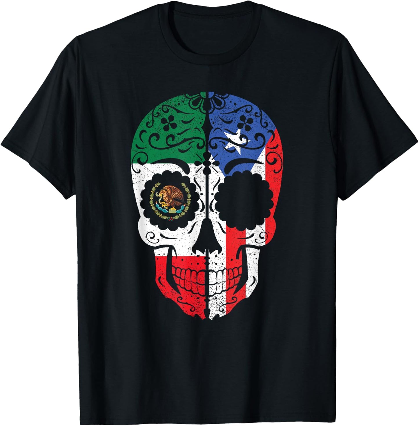 Mexican Puerto Rican Flag Mexico Puerto Rico Sugar Skull T-Shirt - T-Shirt | Black
