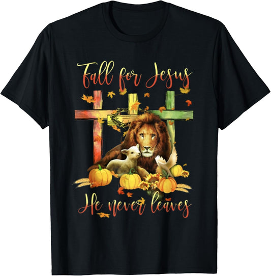 Fall For Jesus He Never Leaves Lion Autumn T-Shirt - T-Shirt | Black