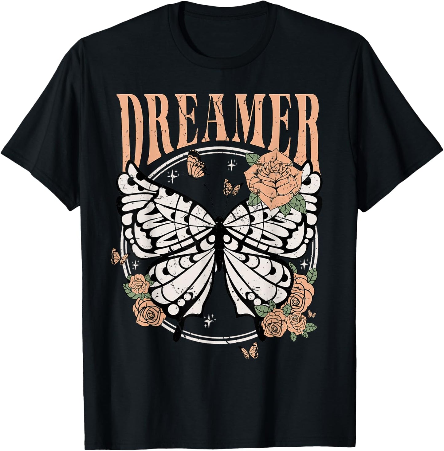 Vintage Retro Dreamer Butterfly 80's 90's Style Lover Gift T-Shirt - T-Shirt | Black