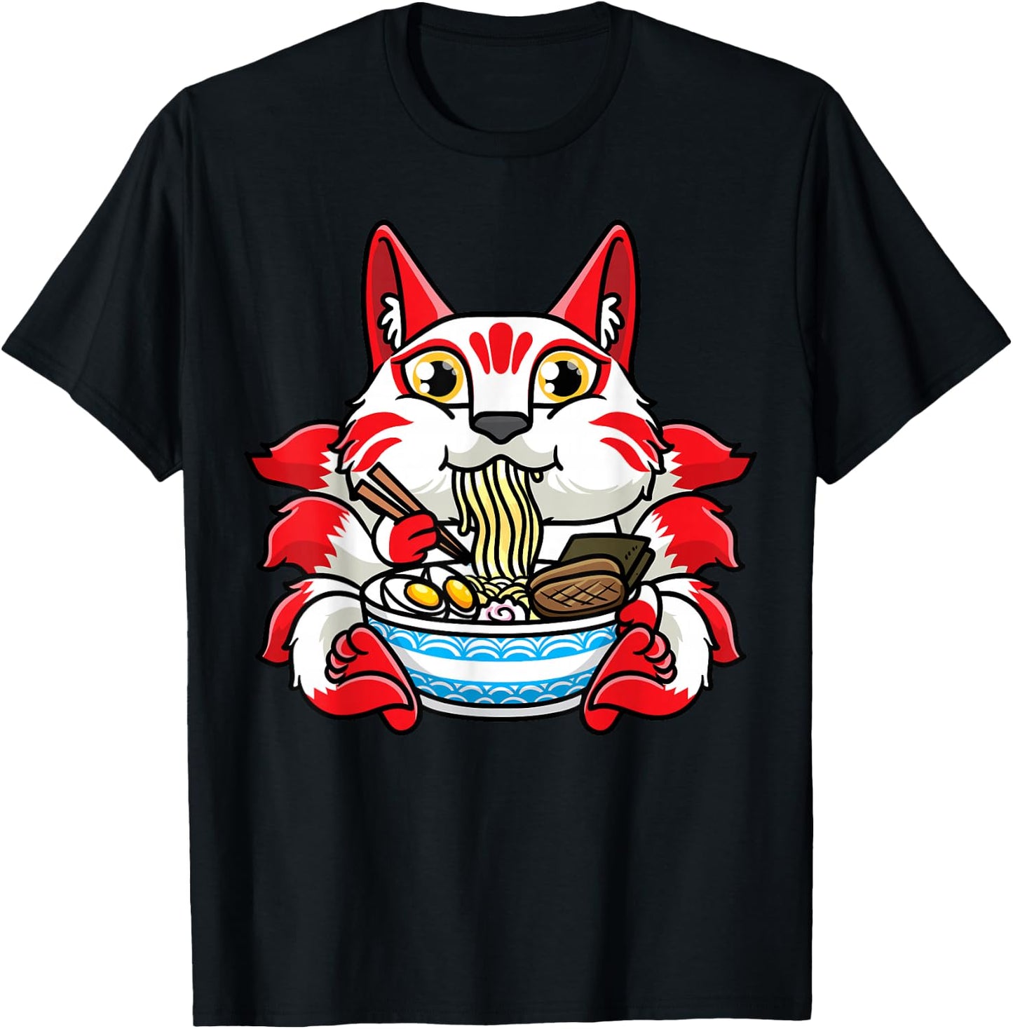 Kitsune Eating Ramen Noodles Otaku Japanese Nine Tailed Fox T-Shirt - T-Shirt | Black