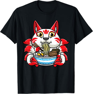 Kitsune Eating Ramen Noodles Otaku Japanese Nine Tailed Fox T-Shirt - T-Shirt | Black