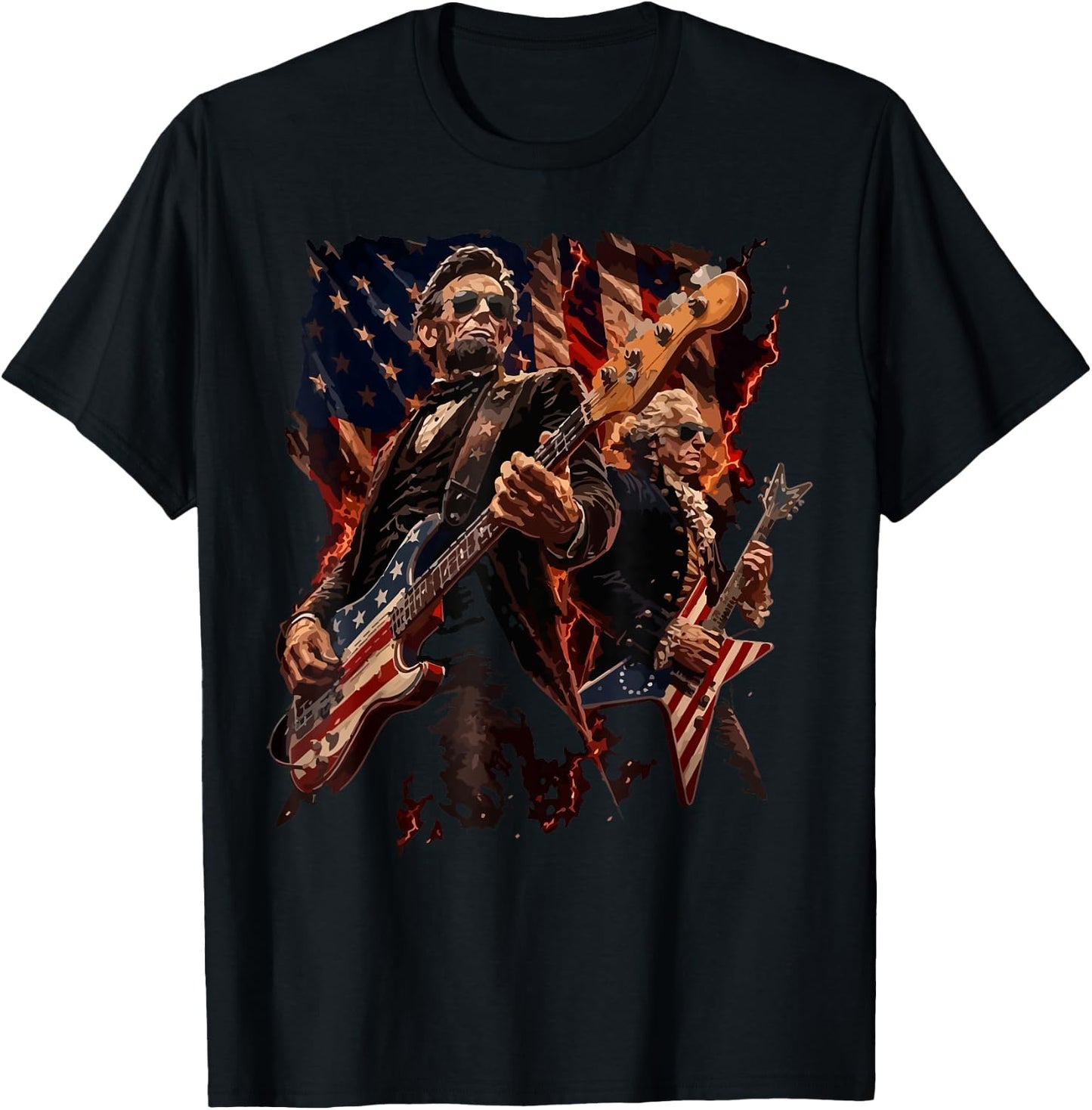 Presidents Abe Lincoln and George Washington Playing Guitar T-Shirt - T-Shirt | Black