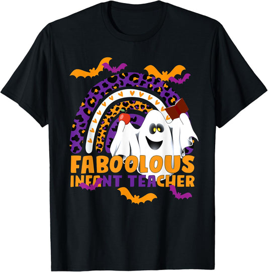 Faboolous Infant Teacher Rainbow Leopard Halloween Boo Crew T-Shirt - T-Shirt | Black