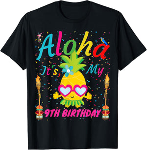 Aloha It's My 9th Birthday Hawaii 9 Years Girls Luau Candles T-Shirt - T-Shirt | Black