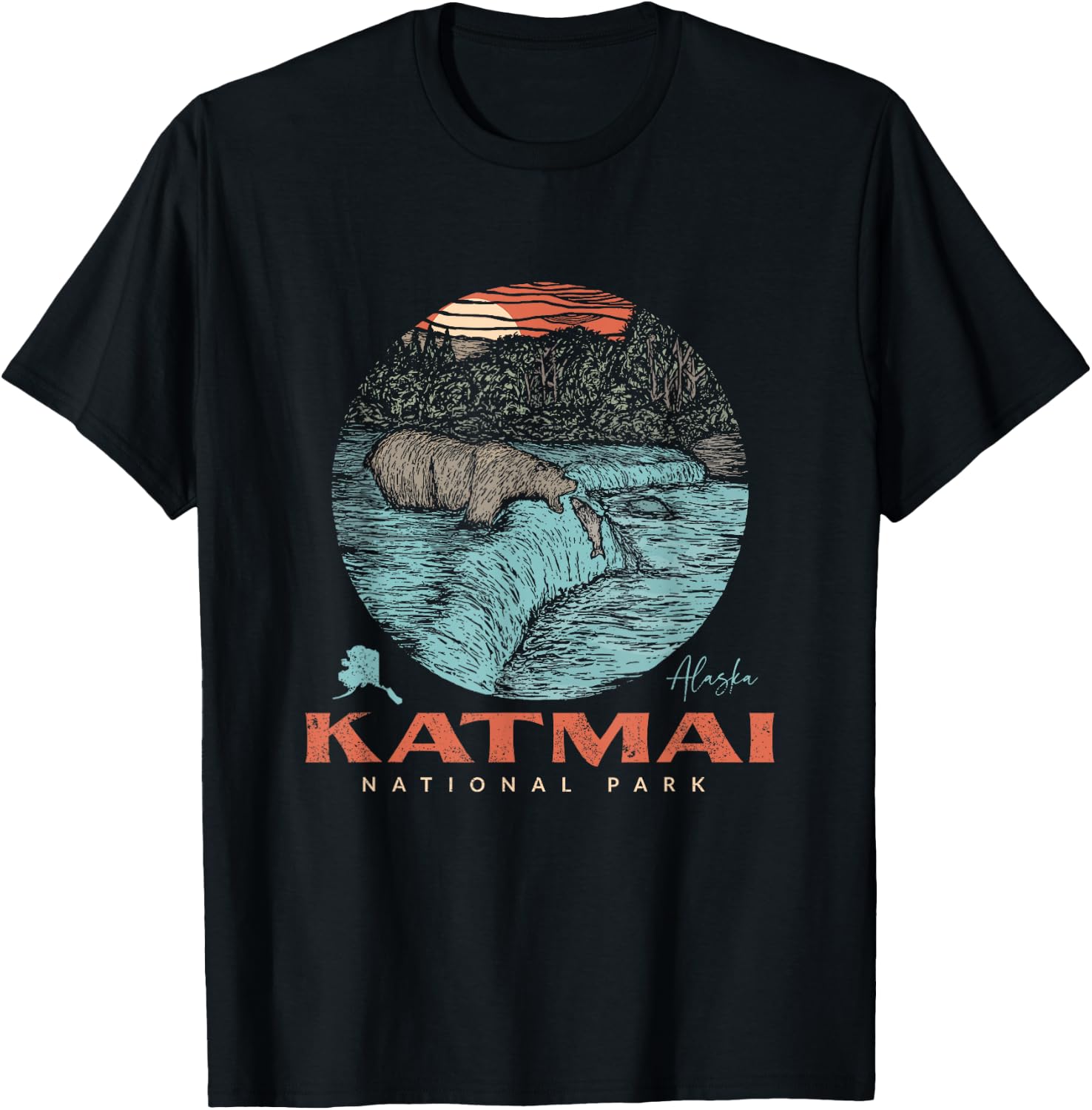 Katmai National Park Vintage Bear Fishing Outfit Adventure T-Shirt - T-Shirt | Black