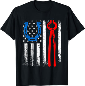 US American Flag Farrier Hoof Blacksmith Horseshoe Iron Women Men T-Shirt - T-Shirt | Black