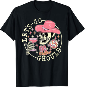 Let's Go Ghouls Skull Skeleton Cowgirl Drinking Halloween T-Shirt - T-Shirt | Black