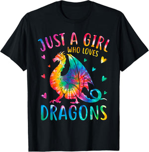 Cute Just A Girl Who Loves Dragons Tie Dye Women and Girls T-Shirt - T-Shirt | Black