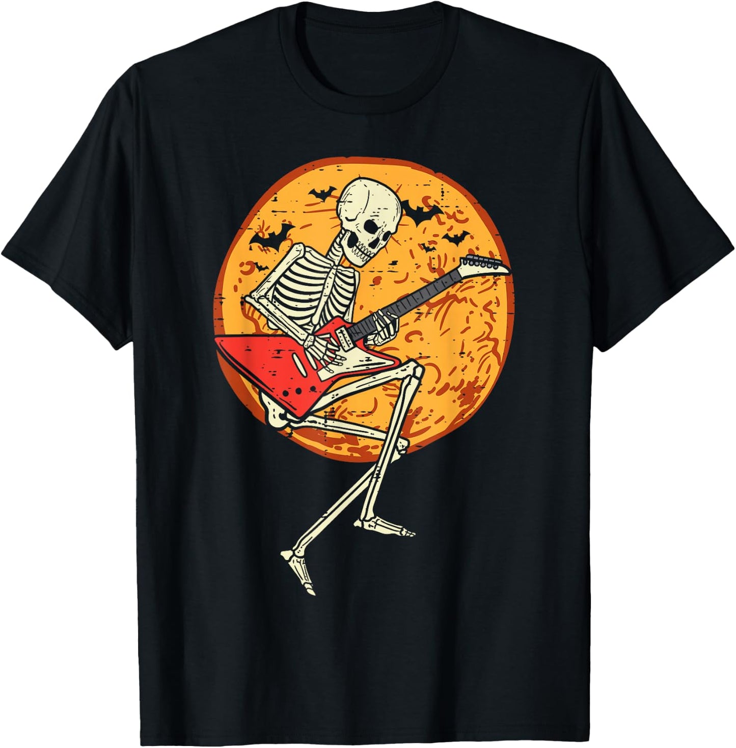 Skeleton Playing Guitar Rock Moon Halloween Music Boys Men T-Shirt - T-Shirt | Black