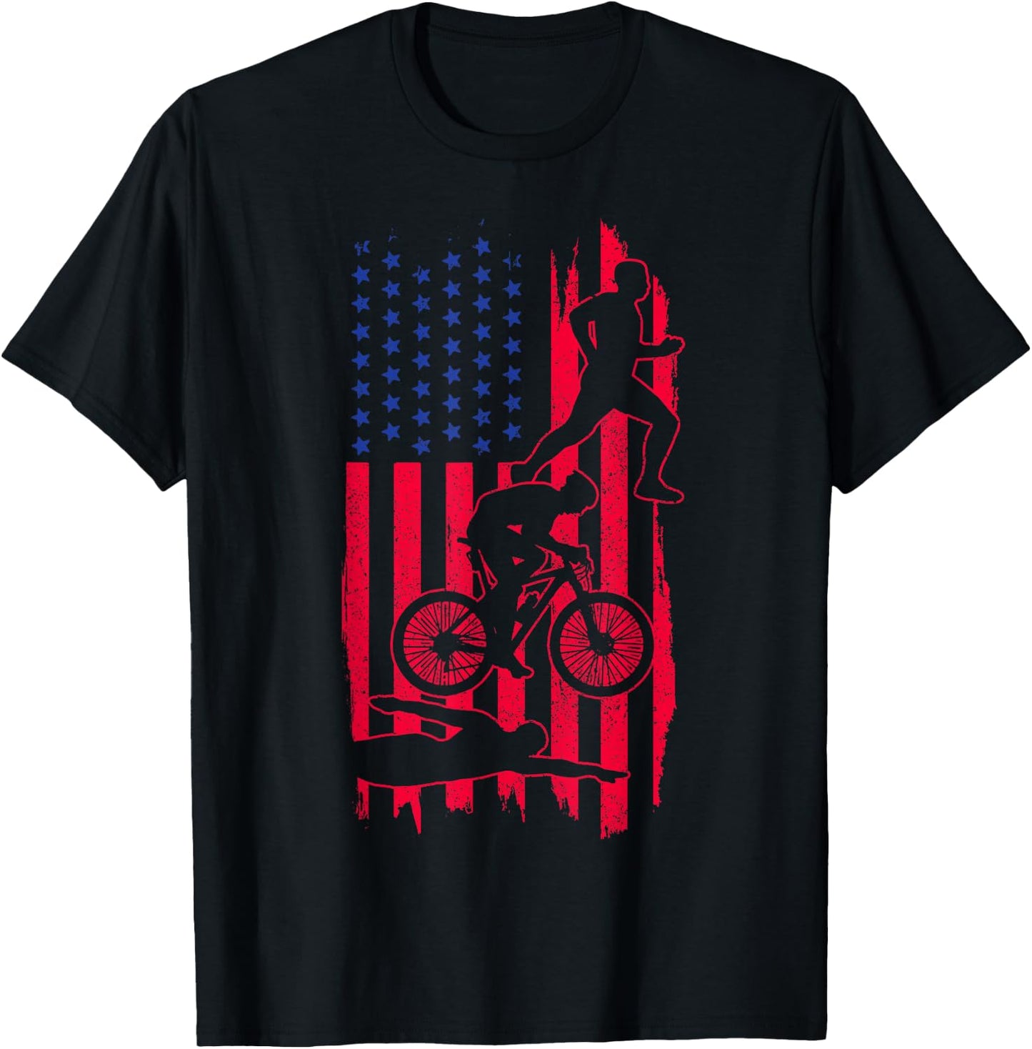 Triathlon US Flag Swim Bike Run Sport Patriotic Triathlete Women Men T-Shirt - T-Shirt | Black