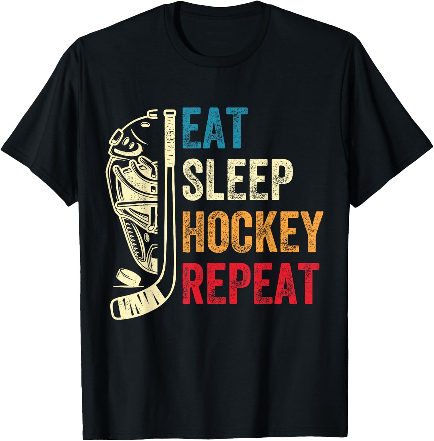 Eat Sleep Hockey Repeat Kids Adult Ice Hockey Retro Vintage T-Shirt - T-Shirt | Black