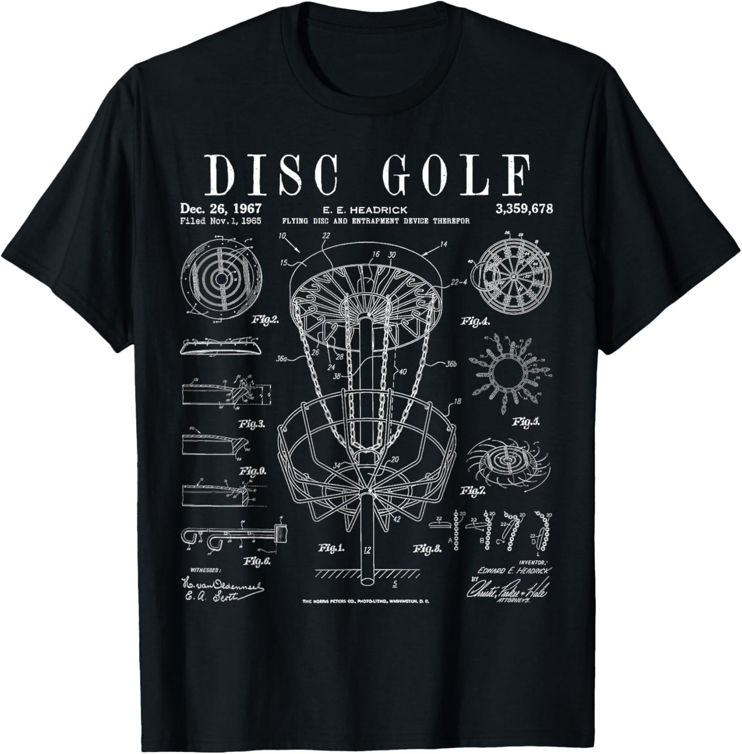 Disc Golf Frolf Frisbee Basket Vintage Patent Drawing Print T-Shirt - T-Shirt | Black