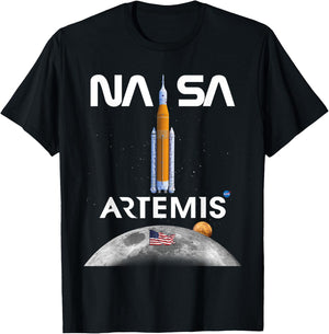 NASA Artemis Mission SLS Moon US Flag Worm Logo T-Shirt - T-Shirt | Black