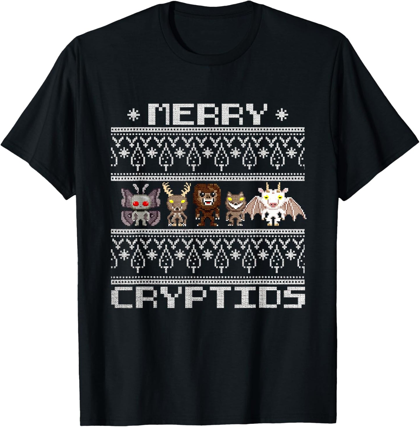 Merry Cryptids - Ugly Christmas Bigfoot, Mothman, Wendigo T-Shirt - T-Shirt | Black