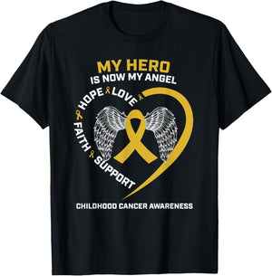 Women Men My Hero Is Now My Angel Childhood Cancer Awareness T-Shirt - T-Shirt | Black