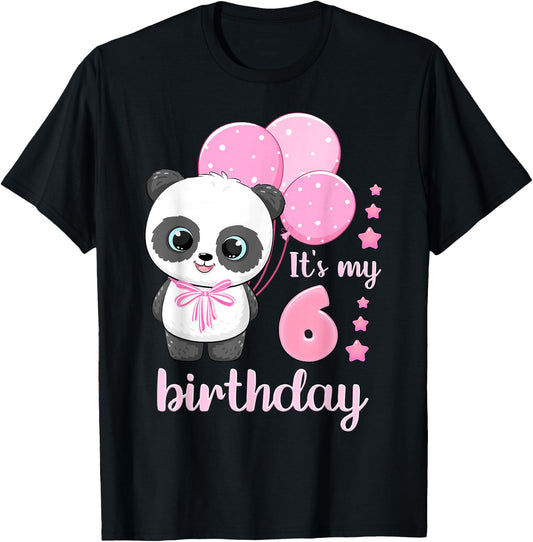 Girl 6 Year Old, Panda, Pink Balloons, It's My 6th Birthday T-Shirt - T-Shirt | Black