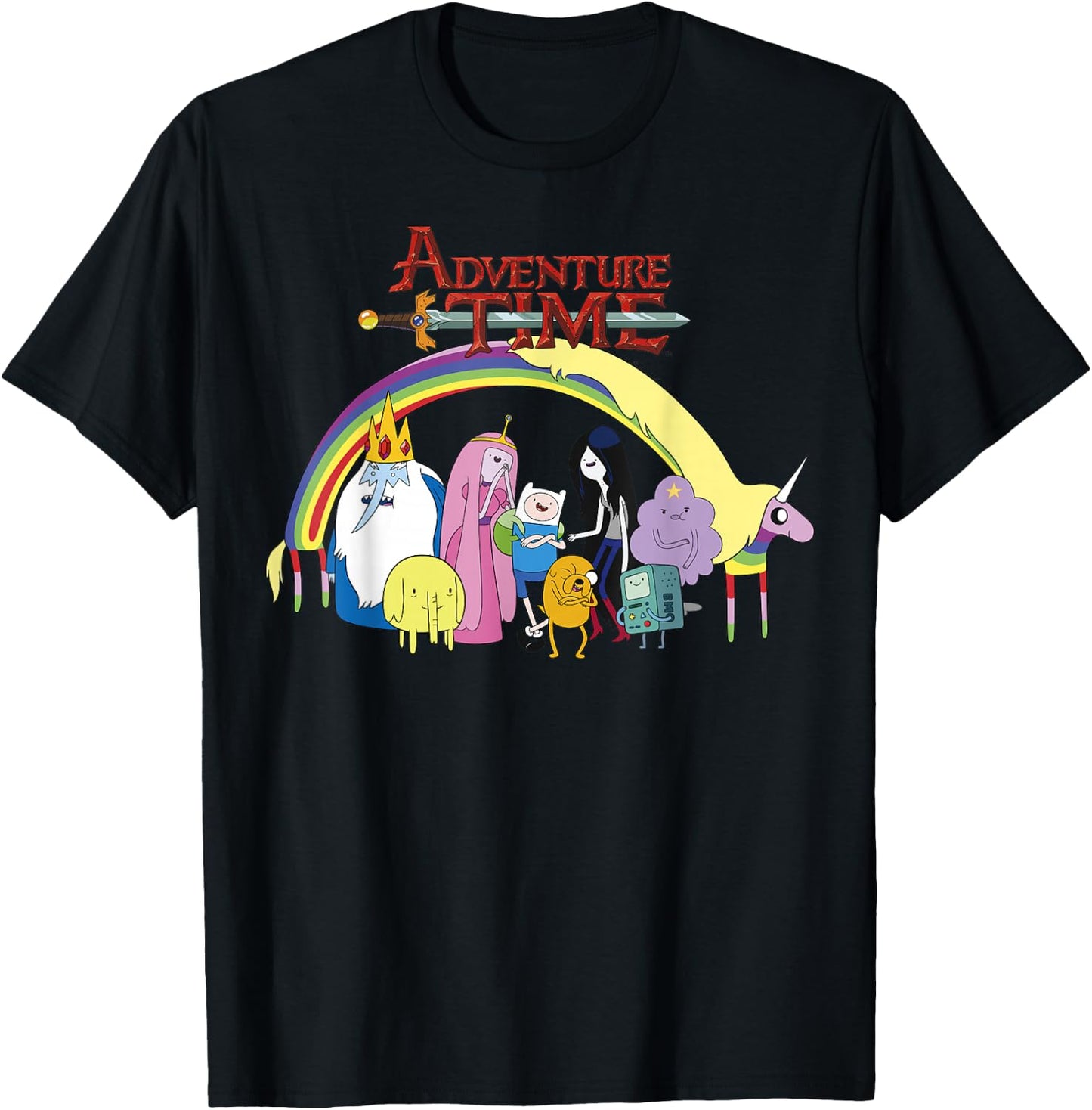 Adventure Time Classic Rainbow Unicorn Group Shot T-Shirt - T-Shirt | Black