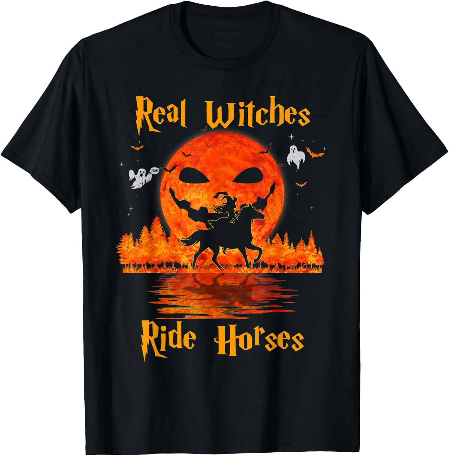 Real Witches Ride Horses Halloween Girl Riding Horse Lovers T-Shirt - T-Shirt | Black