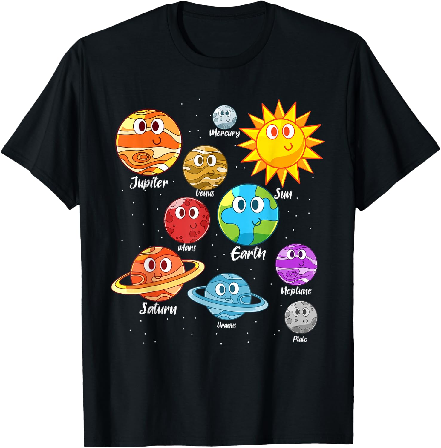 Earth Saturn Mars Jupiter Sun Moon Cute Planets Astronomy T-Shirt - T-Shirt | Black