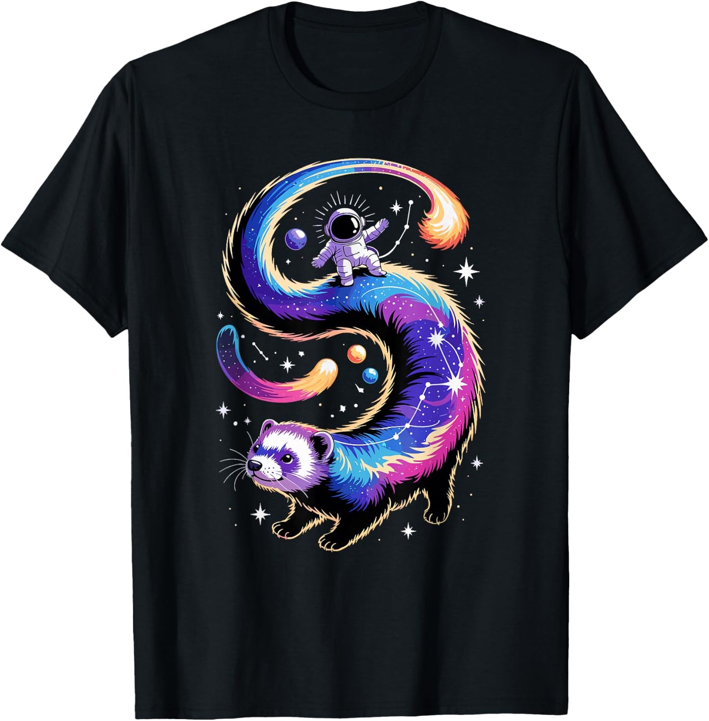 Astronaut Rides Ferret Space Stars Comets Galaxy Planets T-Shirt - T-Shirt | Black