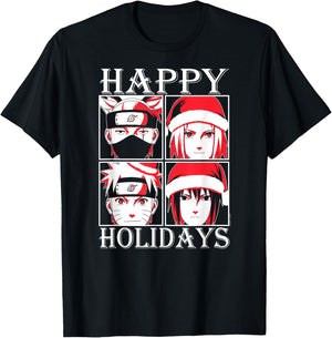 Naruto Shippuden Happy Holidays Characters Anime T-Shirt - T-Shirt | Black