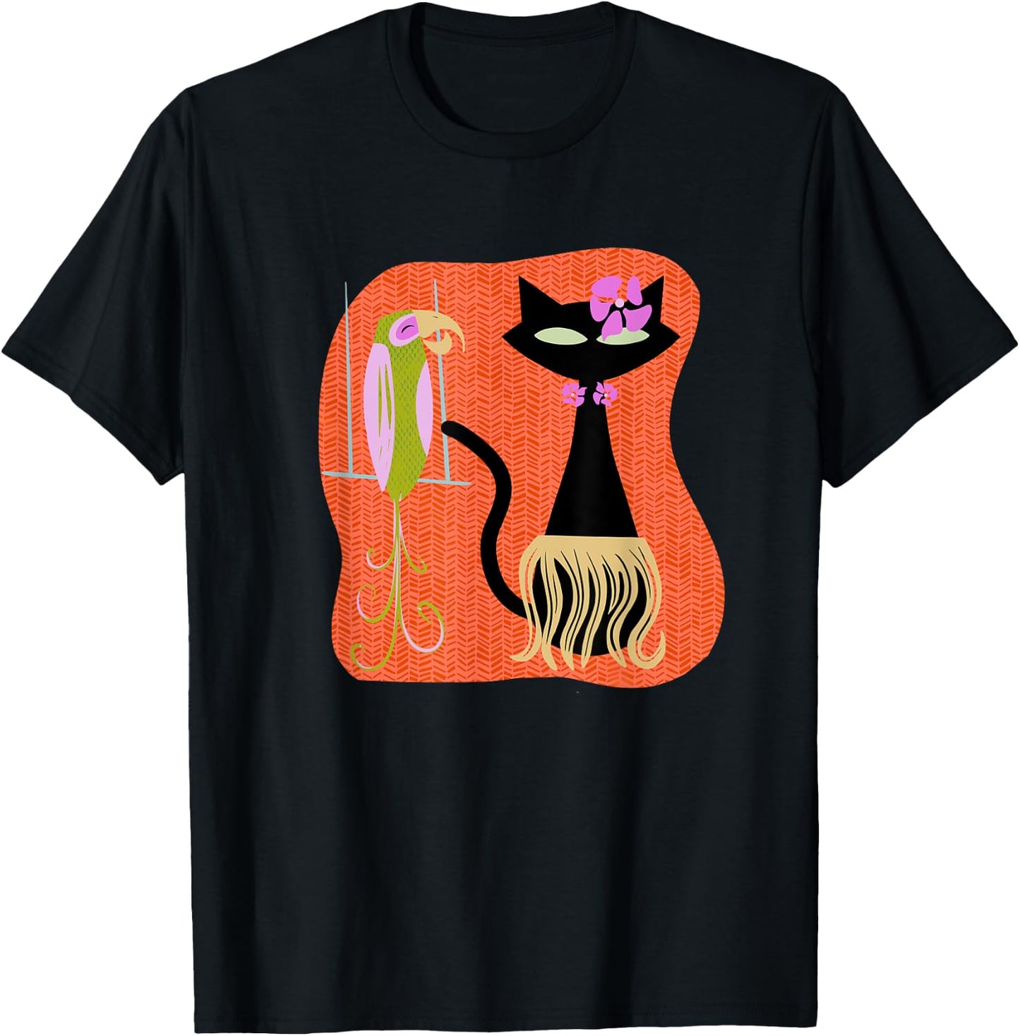 Hawaiian Hula Cat with Tropical Tiki Bird and Hibiscus Flowe T-Shirt - T-Shirt | Black