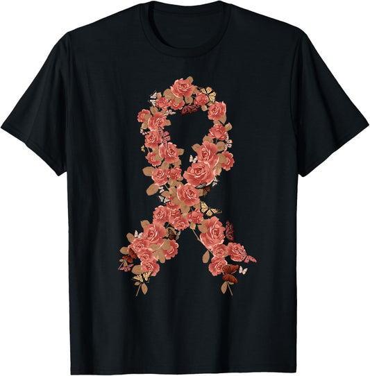 Peach Ribbon Uterine Endometrial Cancer Awareness T-Shirt - T-Shirt | Black