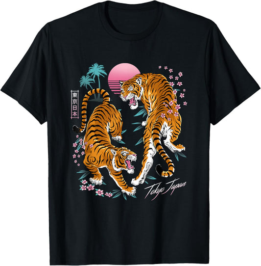Pop Cult Women's Tokyo Dueling Asian Tigers Retro 80's Vaporwave - Black Tiger Print Short Sleeve - Small T-Shirt - T-Shirt | Black