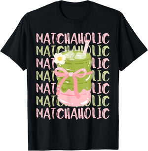 Matchaholic Matcha Tea Matcha Latte Cute Bow Matcha Lover T-Shirt - T-Shirt | Black