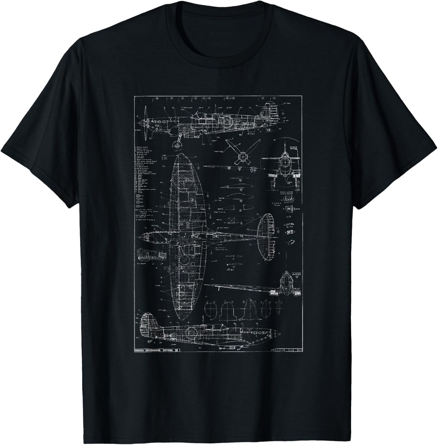 Spitfire IX WWII Blueprint Series Fighter Airplane T-Shirt - T-Shirt | Black