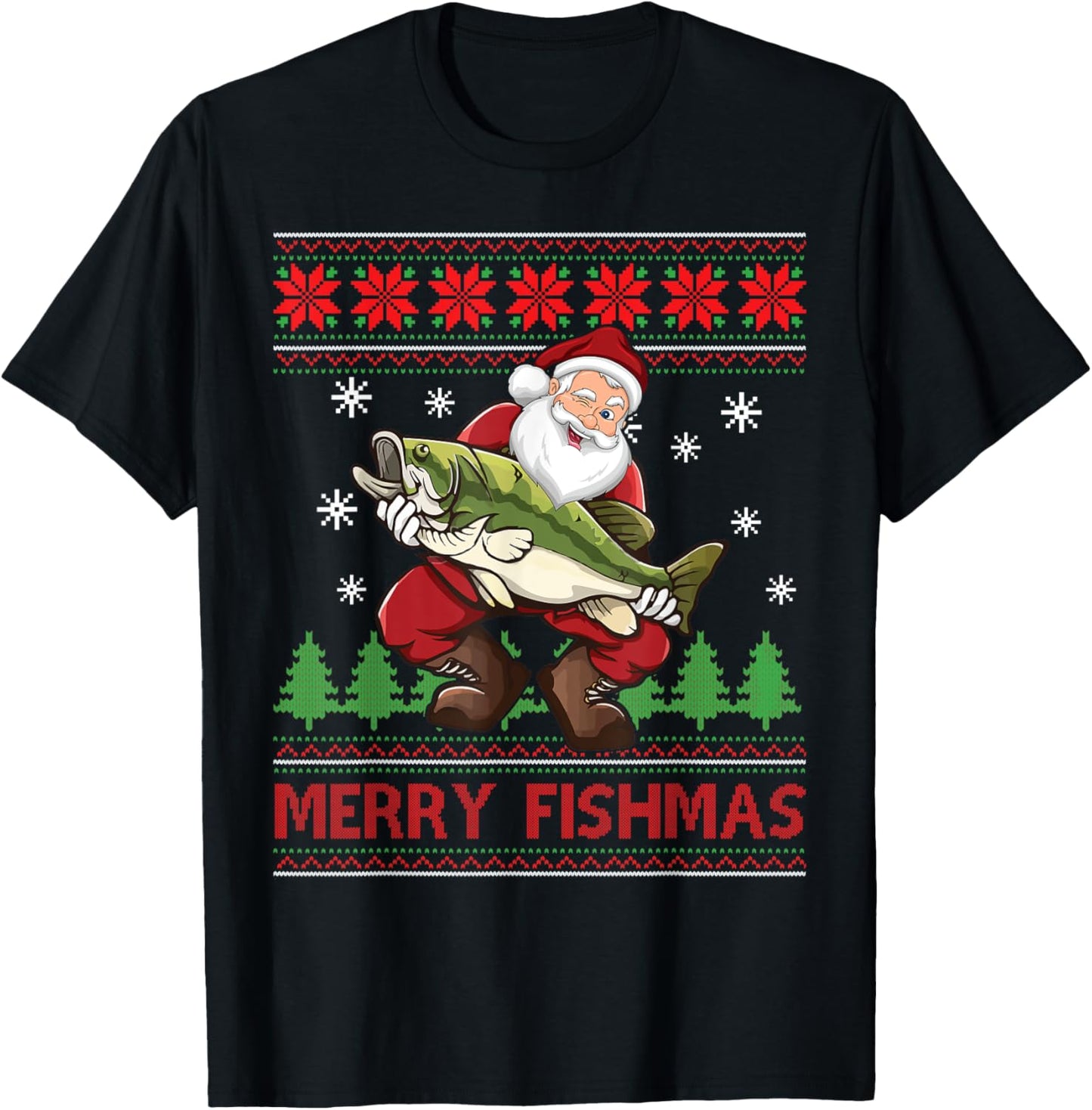 Merry Fishmas Santa Fishing Ugly Christmas Sweater Style T-Shirt - T-Shirt | Black